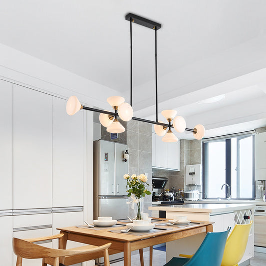 Matte White Glass Flared Island Pendant Modern Style 10-Head Black Hanging Lamp over Table in Warm/White Light Clearhalo 'Ceiling Lights' 'Chandeliers' 'Glass shade' 'Glass' 'Island Lights' 'Pendant Lights' Lighting' 295424