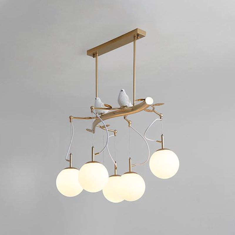 Milky Blown Glass Sphere Chandelier Pendant Postmodern 5 Heads Gold Finish Hanging Light Kit with Bird Deco Clearhalo 'Ceiling Lights' 'Chandeliers' 'Modern Chandeliers' 'Modern' Lighting' 295475