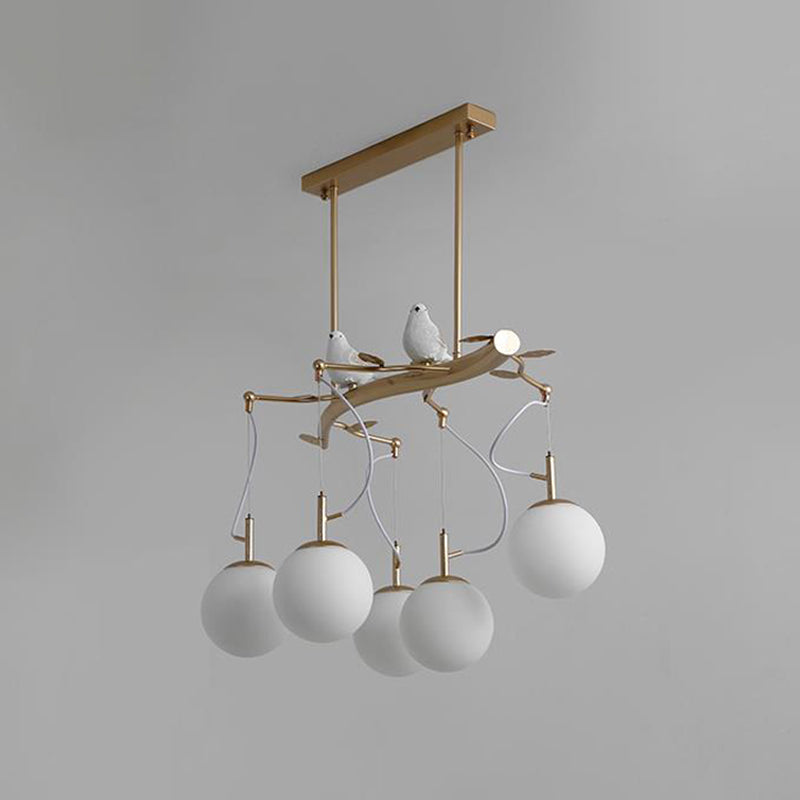 Milky Blown Glass Sphere Chandelier Pendant Postmodern 5 Heads Gold Finish Hanging Light Kit with Bird Deco Clearhalo 'Ceiling Lights' 'Chandeliers' 'Modern Chandeliers' 'Modern' Lighting' 295476