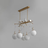 Milky Blown Glass Sphere Chandelier Pendant Postmodern 5 Heads Gold Finish Hanging Light Kit with Bird Deco Clearhalo 'Ceiling Lights' 'Chandeliers' 'Modern Chandeliers' 'Modern' Lighting' 295476