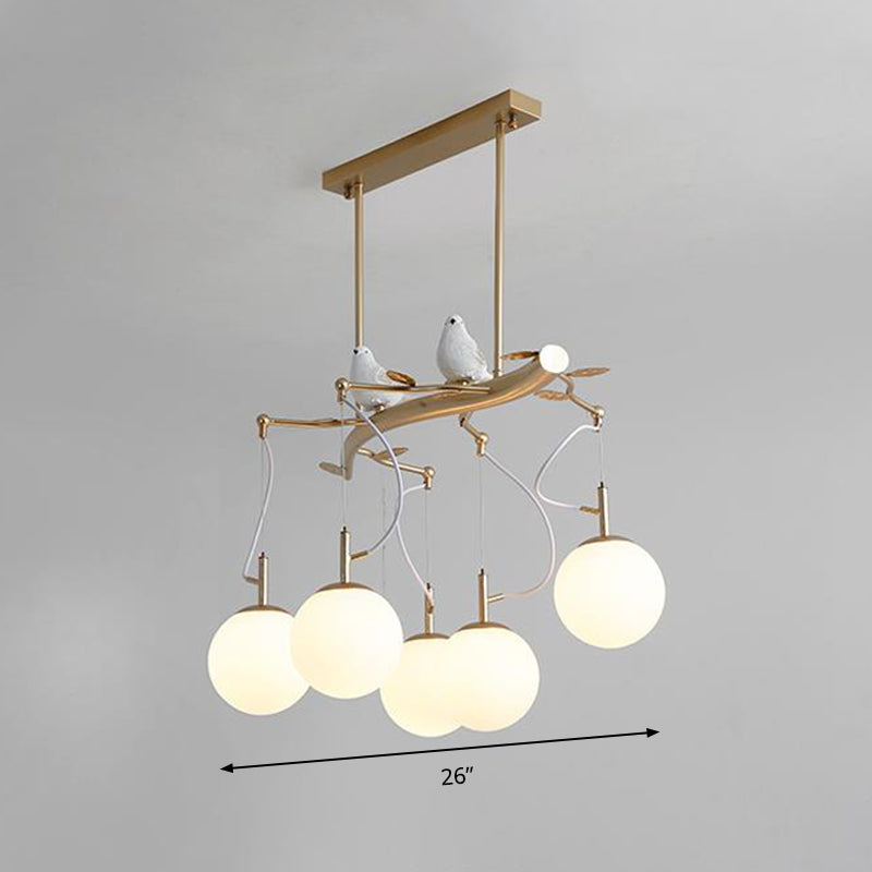 Milky Blown Glass Sphere Chandelier Pendant Postmodern 5 Heads Gold Finish Hanging Light Kit with Bird Deco Clearhalo 'Ceiling Lights' 'Chandeliers' 'Modern Chandeliers' 'Modern' Lighting' 295477