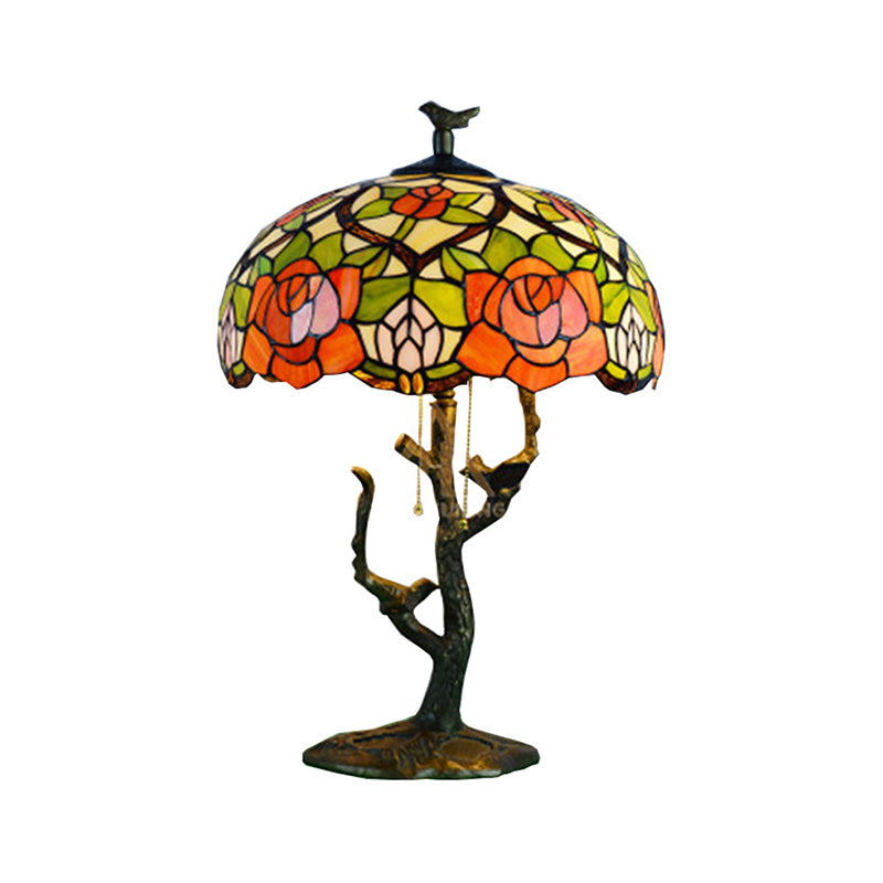 Stained Glass Brass Empire Table Light Orange Rose/Lotus Tiffany Style Nightstand for Bedside Brass Orange Rose Clearhalo 'Lamps' 'Table Lamps' Lighting' 295482