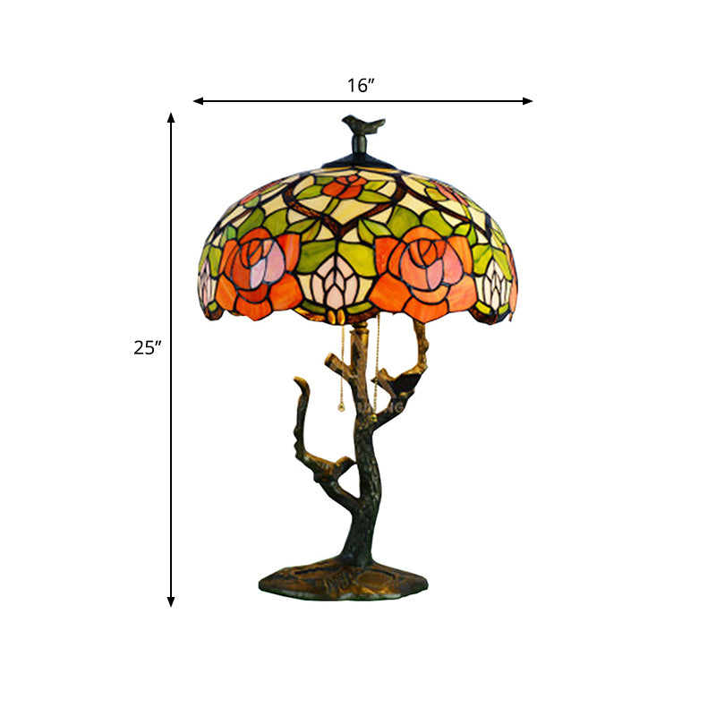 Stained Glass Brass Empire Table Light Orange Rose/Lotus Tiffany Style Nightstand for Bedside Clearhalo 'Lamps' 'Table Lamps' Lighting' 295483