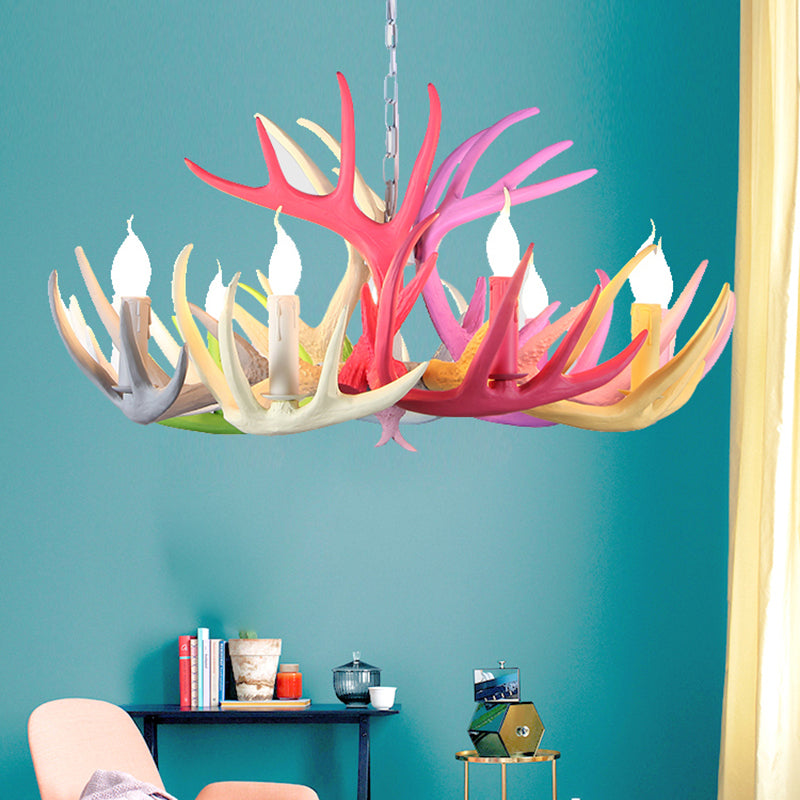 16"/23" Wide Antler Resin Chandelier Lighting Traditionary 4/6/8 Heads Living Room Pendant Lamp in Blue-Pink-Yellow Clearhalo 'Ceiling Lights' 'Chandeliers' Lighting' options 295494