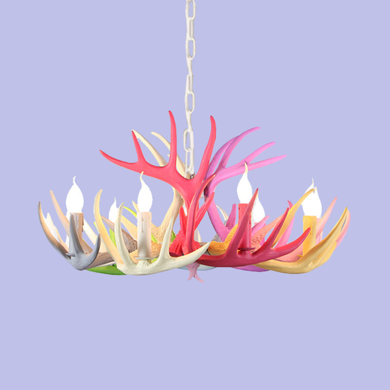 16"/23" Wide Antler Resin Chandelier Lighting Traditionary 4/6/8 Heads Living Room Pendant Lamp in Blue-Pink-Yellow Clearhalo 'Ceiling Lights' 'Chandeliers' Lighting' options 295495