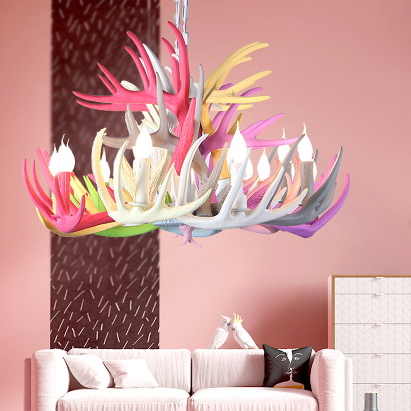 16"/23" Wide Antler Resin Chandelier Lighting Traditionary 4/6/8 Heads Living Room Pendant Lamp in Blue-Pink-Yellow Clearhalo 'Ceiling Lights' 'Chandeliers' Lighting' options 295497