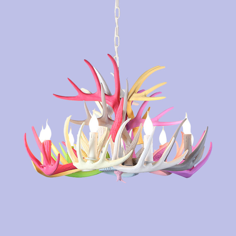 16"/23" Wide Antler Resin Chandelier Lighting Traditionary 4/6/8 Heads Living Room Pendant Lamp in Blue-Pink-Yellow Clearhalo 'Ceiling Lights' 'Chandeliers' Lighting' options 295498