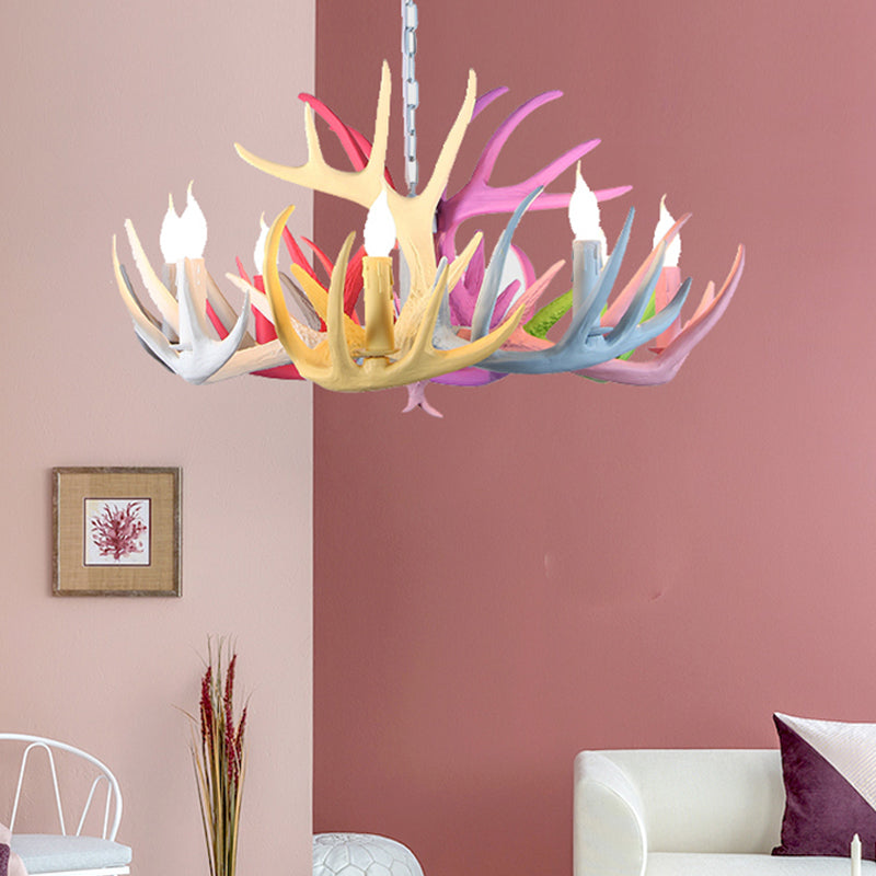 16"/23" Wide Antler Resin Chandelier Lighting Traditionary 4/6/8 Heads Living Room Pendant Lamp in Blue-Pink-Yellow Clearhalo 'Ceiling Lights' 'Chandeliers' Lighting' options 295501