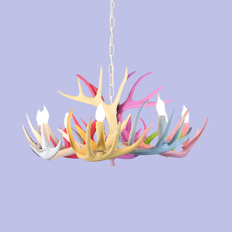 16"/23" Wide Antler Resin Chandelier Lighting Traditionary 4/6/8 Heads Living Room Pendant Lamp in Blue-Pink-Yellow Clearhalo 'Ceiling Lights' 'Chandeliers' Lighting' options 295502