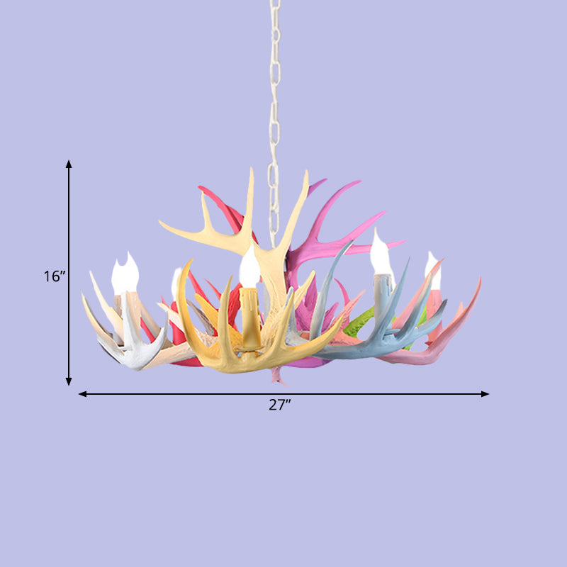 16"/23" Wide Antler Resin Chandelier Lighting Traditionary 4/6/8 Heads Living Room Pendant Lamp in Blue-Pink-Yellow Clearhalo 'Ceiling Lights' 'Chandeliers' Lighting' options 295503