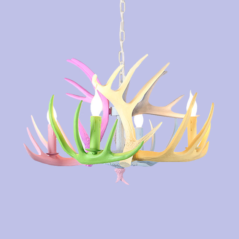 16"/23" Wide Antler Resin Chandelier Lighting Traditionary 4/6/8 Heads Living Room Pendant Lamp in Blue-Pink-Yellow Clearhalo 'Ceiling Lights' 'Chandeliers' Lighting' options 295508