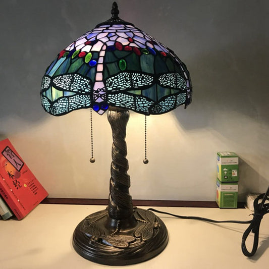 Mediterranean Dragonfly Nightstand Light 1 Light Stained Glass Table Lamp in Bronze for Bedroom Clearhalo 'Lamps' 'Table Lamps' Lighting' 295516