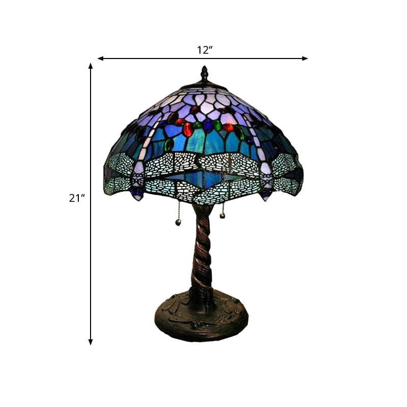 Mediterranean Dragonfly Nightstand Light 1 Light Stained Glass Table Lamp in Bronze for Bedroom Clearhalo 'Lamps' 'Table Lamps' Lighting' 295518