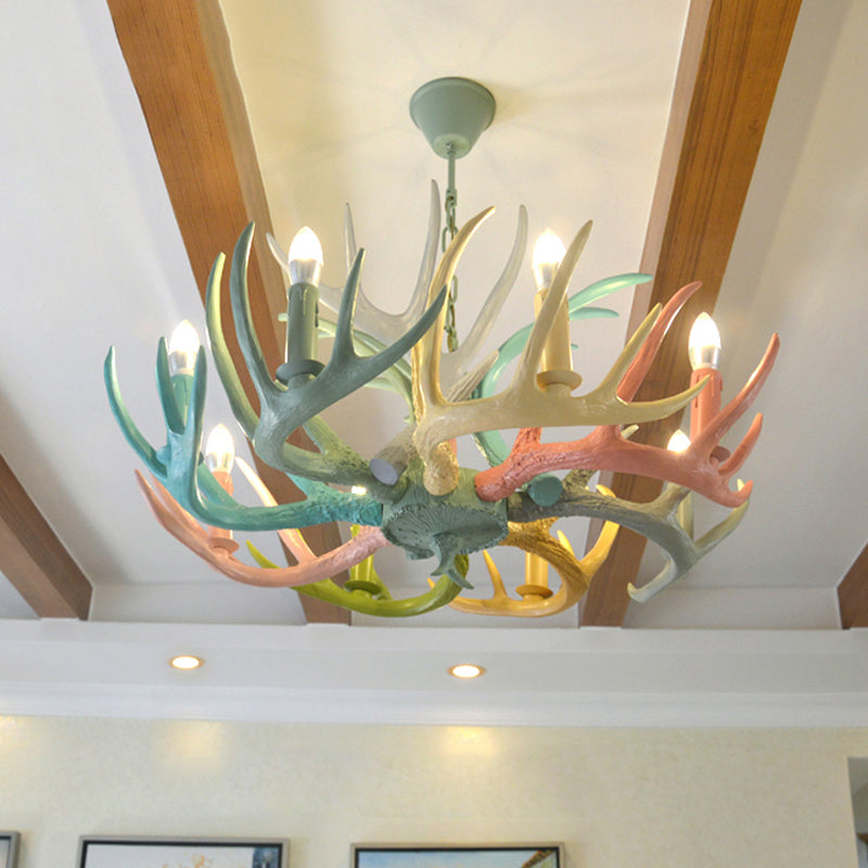 Resin Deer Antler Hanging Chandelier Rustic 4/6/8 Bulbs Bedroom Ceiling Pendant Light in Red-Green-Pink-Blue Clearhalo 'Ceiling Lights' 'Chandeliers' Lighting' options 295530