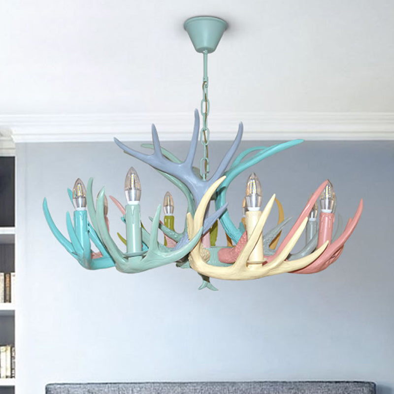 Resin Deer Antler Hanging Chandelier Rustic 4/6/8 Bulbs Bedroom Ceiling Pendant Light in Red-Green-Pink-Blue Clearhalo 'Ceiling Lights' 'Chandeliers' Lighting' options 295531