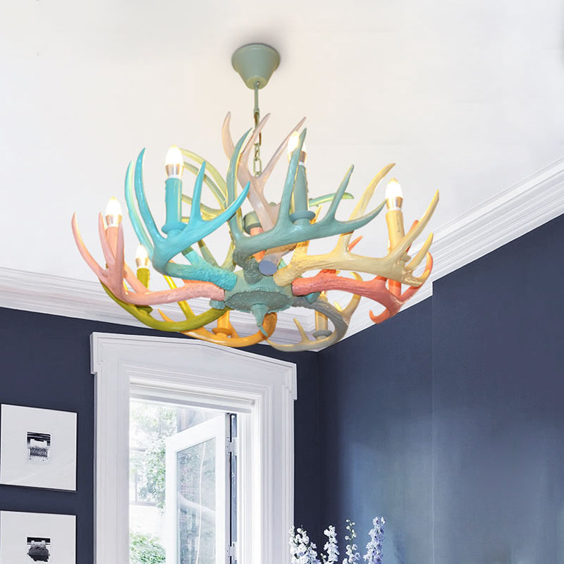 Resin Deer Antler Hanging Chandelier Rustic 4/6/8 Bulbs Bedroom Ceiling Pendant Light in Red-Green-Pink-Blue Clearhalo 'Ceiling Lights' 'Chandeliers' Lighting' options 295532