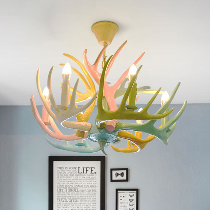 Resin Deer Antler Hanging Chandelier Rustic 4/6/8 Bulbs Bedroom Ceiling Pendant Light in Red-Green-Pink-Blue Clearhalo 'Ceiling Lights' 'Chandeliers' Lighting' options 295535