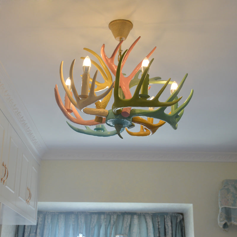 Resin Deer Antler Hanging Chandelier Rustic 4/6/8 Bulbs Bedroom Ceiling Pendant Light in Red-Green-Pink-Blue Clearhalo 'Ceiling Lights' 'Chandeliers' Lighting' options 295536