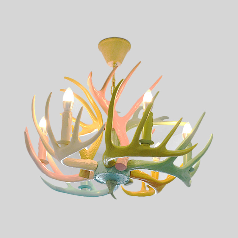 Resin Deer Antler Hanging Chandelier Rustic 4/6/8 Bulbs Bedroom Ceiling Pendant Light in Red-Green-Pink-Blue Clearhalo 'Ceiling Lights' 'Chandeliers' Lighting' options 295537