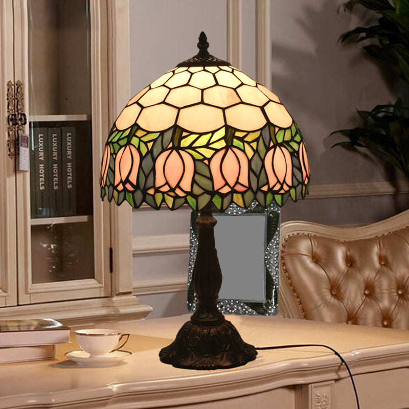 Mediterranean Dragonfly/Star/Tulip Nightstand Lamp Single Head Stained Glass Table Light in Bronze for Bedside Bronze Tulip Clearhalo 'Lamps' 'Table Lamps' Lighting' 295558