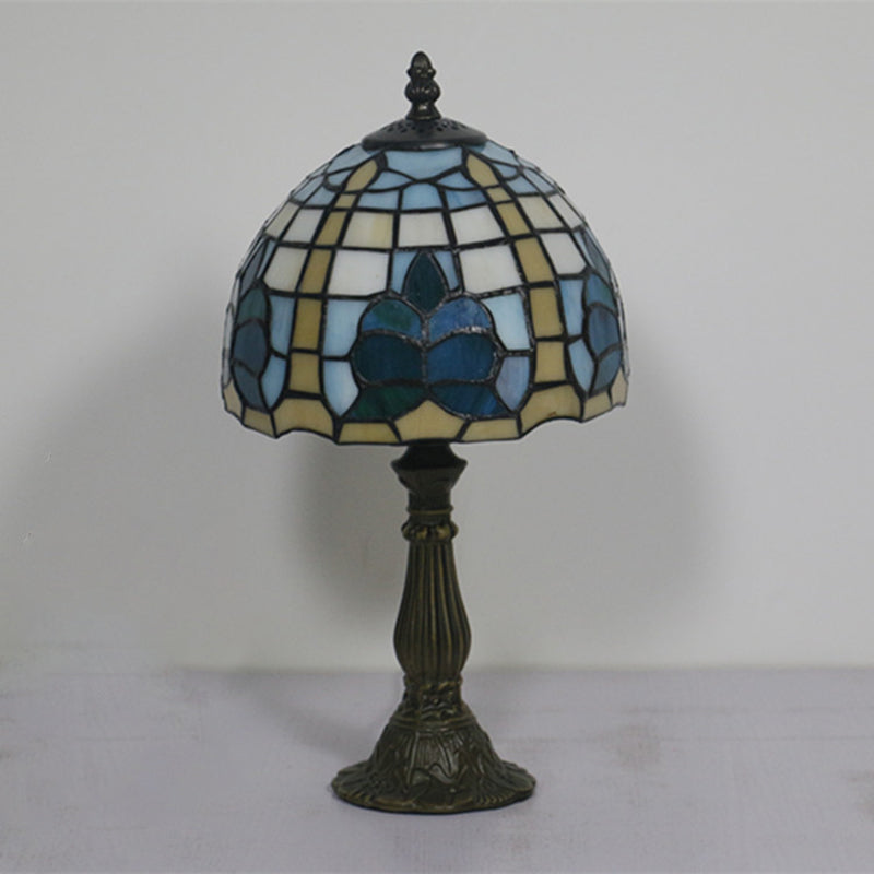 1 Light Bedside Nightstand Light Mediterranean Blue Night Table Lamp with Dome Stained Glass Shade Blue Clearhalo 'Lamps' 'Table Lamps' Lighting' 295561