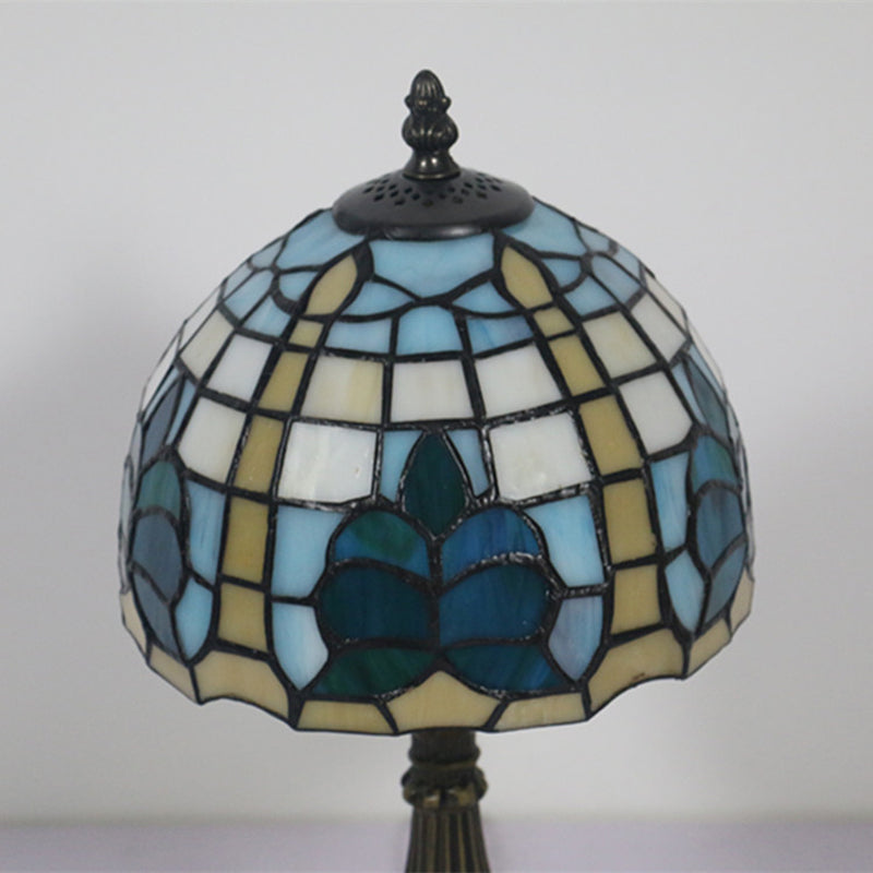 1 Light Bedside Nightstand Light Mediterranean Blue Night Table Lamp with Dome Stained Glass Shade Clearhalo 'Lamps' 'Table Lamps' Lighting' 295565