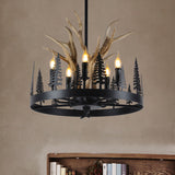 Metal Black Ceiling Chandelier Candle 5 Heads Farmhouse Hanging Pendant Light with Wheel Design Clearhalo 'Ceiling Lights' 'Chandeliers' Lighting' options 295626