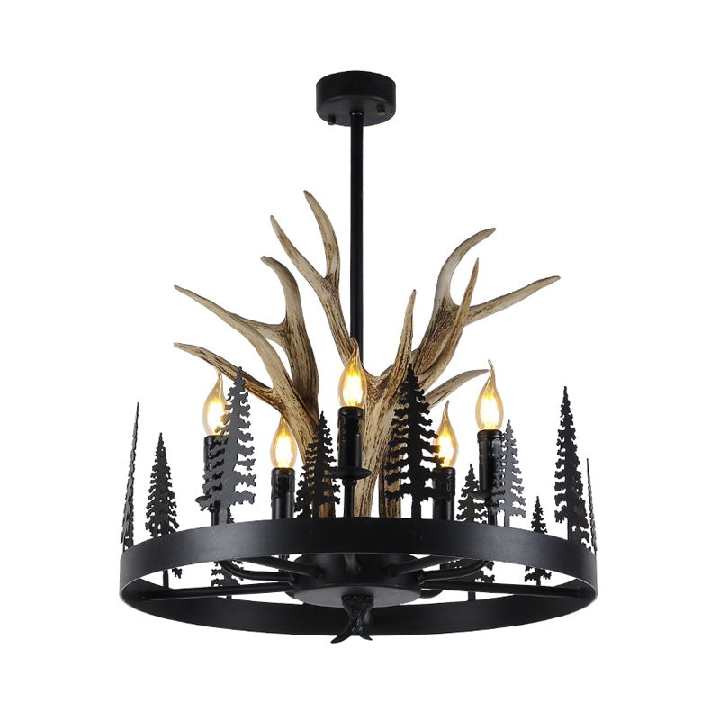 Metal Black Ceiling Chandelier Candle 5 Heads Farmhouse Hanging Pendant Light with Wheel Design Clearhalo 'Ceiling Lights' 'Chandeliers' Lighting' options 295627