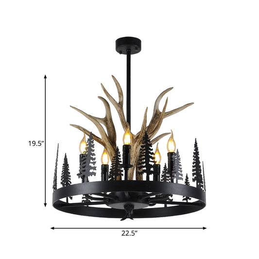 Metal Black Ceiling Chandelier Candle 5 Heads Farmhouse Hanging Pendant Light with Wheel Design Clearhalo 'Ceiling Lights' 'Chandeliers' Lighting' options 295628