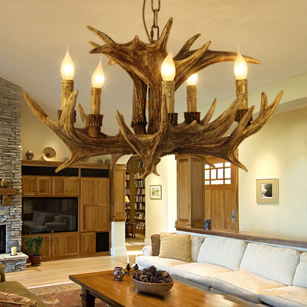 Rustic Faux Antler Ceiling Chandelier 5 Heads Resin Hanging Pendant Light in Brown for Living Room Clearhalo 'Ceiling Lights' 'Chandeliers' Lighting' options 295677