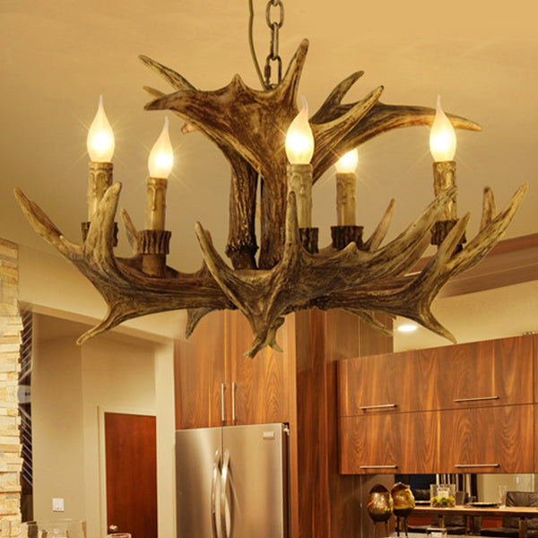 Rustic Faux Antler Ceiling Chandelier 5 Heads Resin Hanging Pendant Light in Brown for Living Room Clearhalo 'Ceiling Lights' 'Chandeliers' Lighting' options 295678