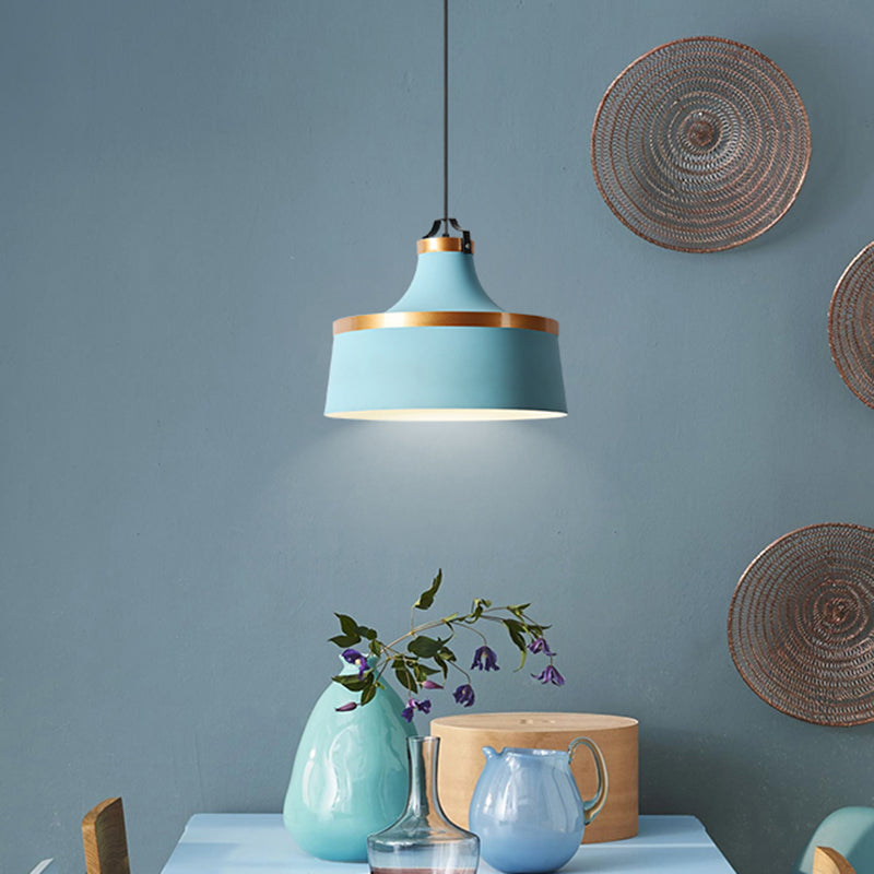 Minimalist Drum Metal Pendant Lighting 1 Light Pendulum Light in Grey/White/Blue for Dining Room Blue Clearhalo 'Ceiling Lights' 'Modern Pendants' 'Modern' 'Pendant Lights' 'Pendants' Lighting' 295707