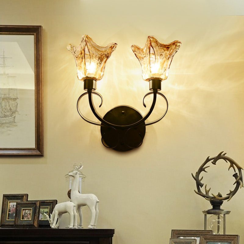 Rustic Bell Wall Sconce Lighting 2 Bulbs Amber Handblown Glass Wall Light in Black for Living Room Black Clearhalo 'Wall Lamps & Sconces' 'Wall Lights' Lighting' 295713