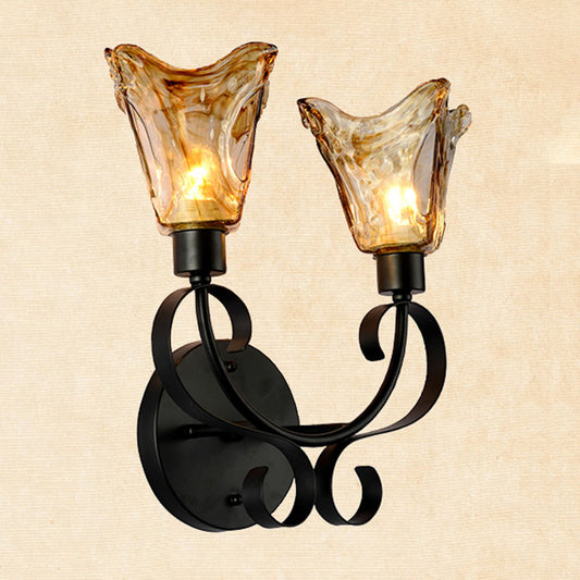 Rustic Bell Wall Sconce Lighting 2 Bulbs Amber Handblown Glass Wall Light in Black for Living Room Clearhalo 'Wall Lamps & Sconces' 'Wall Lights' Lighting' 295715