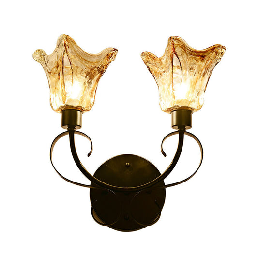 Rustic Bell Wall Sconce Lighting 2 Bulbs Amber Handblown Glass Wall Light in Black for Living Room Clearhalo 'Wall Lamps & Sconces' 'Wall Lights' Lighting' 295716