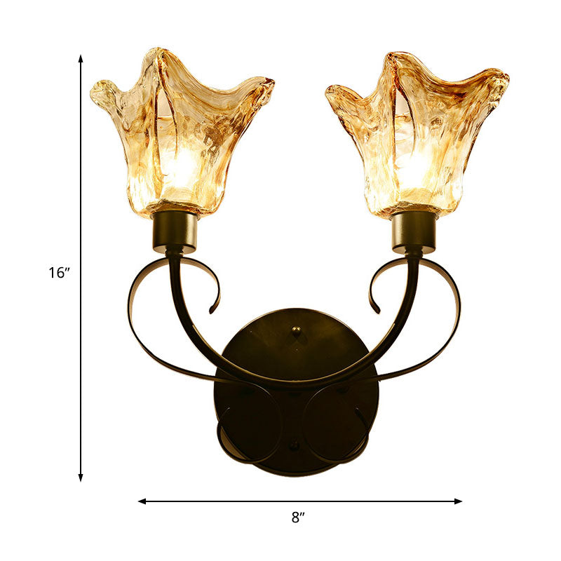 Rustic Bell Wall Sconce Lighting 2 Bulbs Amber Handblown Glass Wall Light in Black for Living Room Clearhalo 'Wall Lamps & Sconces' 'Wall Lights' Lighting' 295717