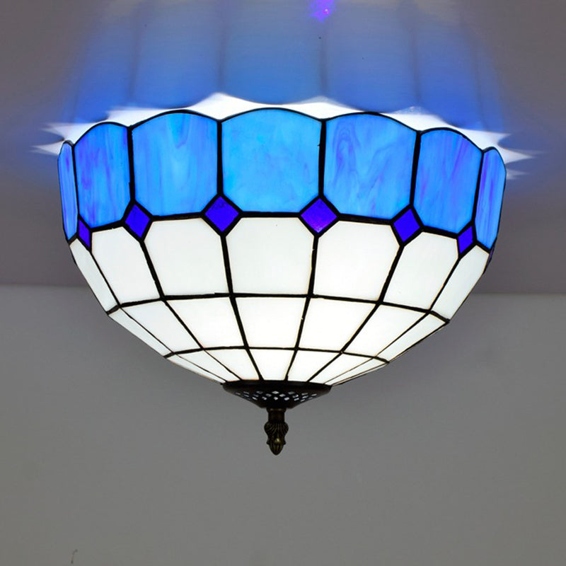 2 Heads Bedroom Ceiling Mounted Fixture Traditional Blue/Yellow Flush Mount Lamp with Bowl Stained Glass Shade Clearhalo 'Ceiling Lights' 'Close To Ceiling Lights' 'Close to ceiling' 'Flush mount' Lighting' 295767