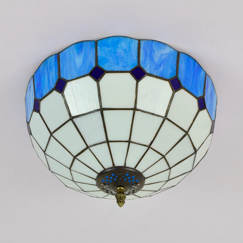 2 Heads Bedroom Ceiling Mounted Fixture Traditional Blue/Yellow Flush Mount Lamp with Bowl Stained Glass Shade Clearhalo 'Ceiling Lights' 'Close To Ceiling Lights' 'Close to ceiling' 'Flush mount' Lighting' 295768