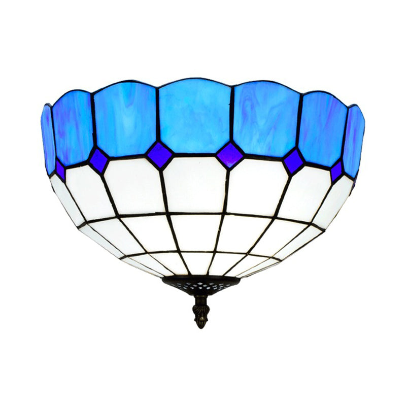 2 Heads Bedroom Ceiling Mounted Fixture Traditional Blue/Yellow Flush Mount Lamp with Bowl Stained Glass Shade Clearhalo 'Ceiling Lights' 'Close To Ceiling Lights' 'Close to ceiling' 'Flush mount' Lighting' 295769