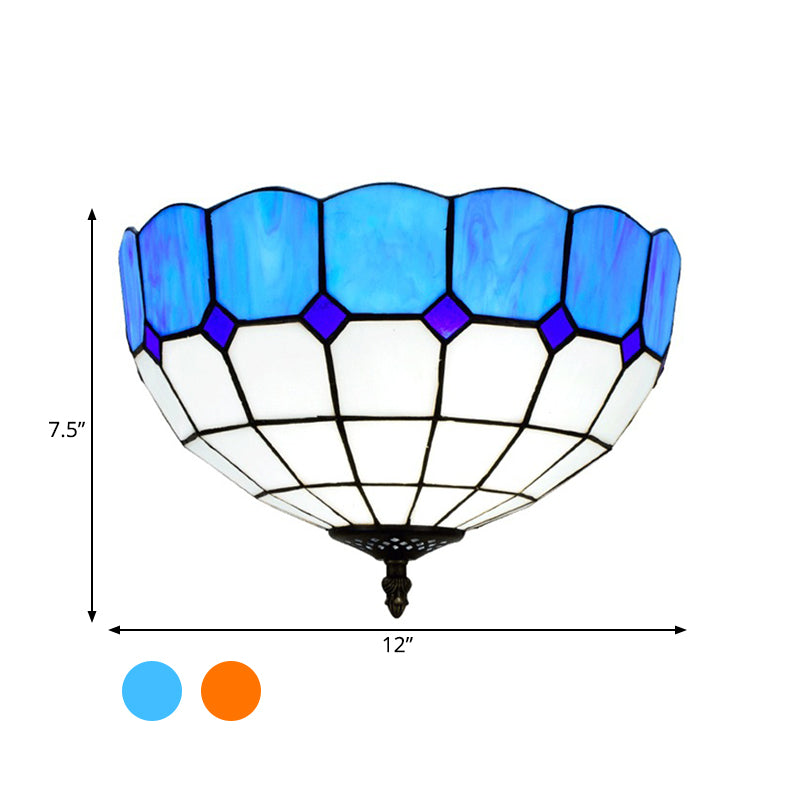 2 Heads Bedroom Ceiling Mounted Fixture Traditional Blue/Yellow Flush Mount Lamp with Bowl Stained Glass Shade Clearhalo 'Ceiling Lights' 'Close To Ceiling Lights' 'Close to ceiling' 'Flush mount' Lighting' 295770