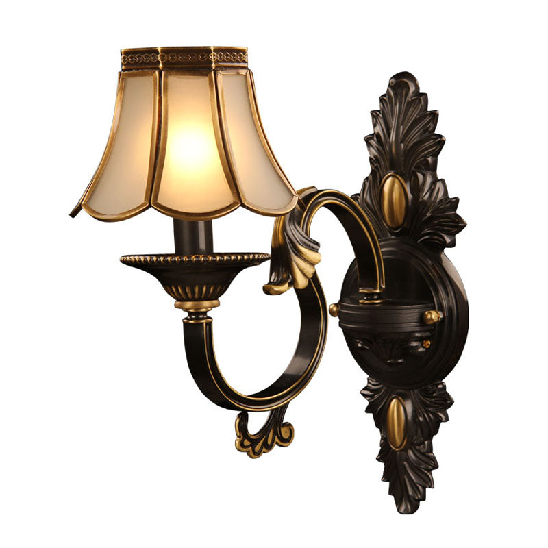 Scalloped Bedroom Wall Lamp Countryside Ivory Glass 1 Light Black Wall Mount Light Black Clearhalo 'Wall Lamps & Sconces' 'Wall Lights' Lighting' 295777