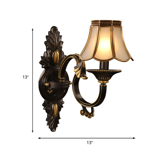 Scalloped Bedroom Wall Lamp Countryside Ivory Glass 1 Light Black Wall Mount Light Clearhalo 'Wall Lamps & Sconces' 'Wall Lights' Lighting' 295778