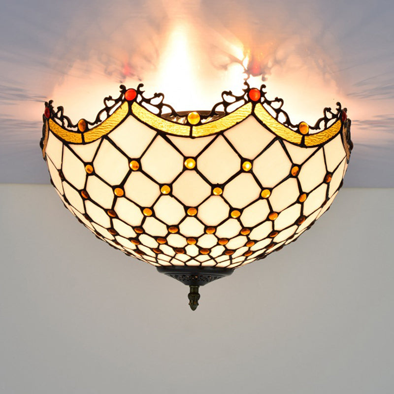 3 Heads Ceiling Lighting Tiffany Scalloped White Glass Flush Light Fixture for Corridor Clearhalo 'Ceiling Lights' 'Close To Ceiling Lights' 'Close to ceiling' 'Flush mount' Lighting' 295781