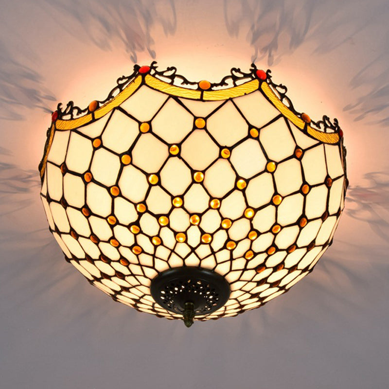 3 Heads Ceiling Lighting Tiffany Scalloped White Glass Flush Light Fixture for Corridor Clearhalo 'Ceiling Lights' 'Close To Ceiling Lights' 'Close to ceiling' 'Flush mount' Lighting' 295782