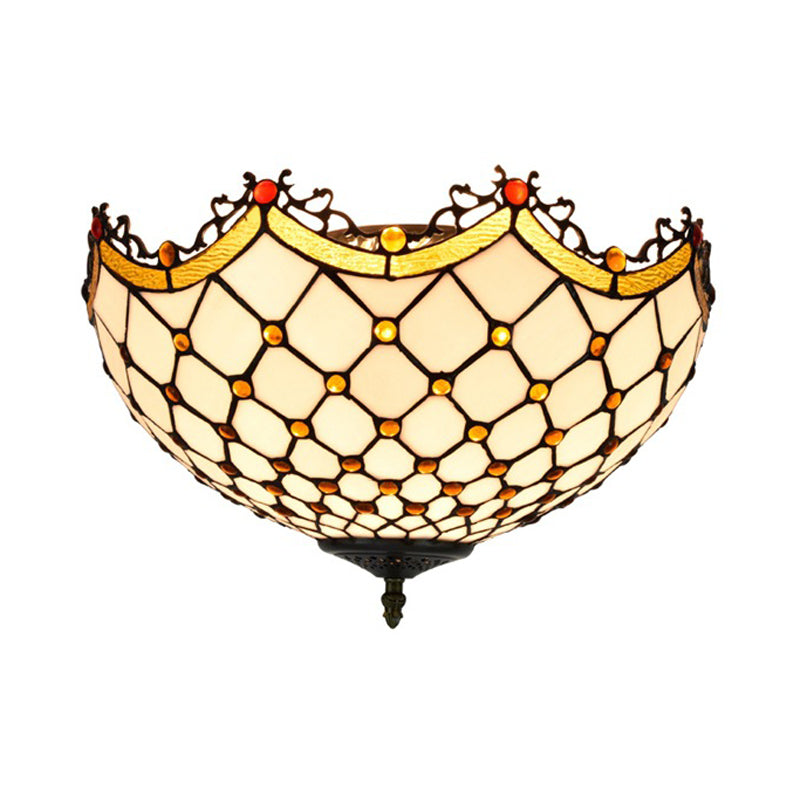 3 Heads Ceiling Lighting Tiffany Scalloped White Glass Flush Light Fixture for Corridor Clearhalo 'Ceiling Lights' 'Close To Ceiling Lights' 'Close to ceiling' 'Flush mount' Lighting' 295783