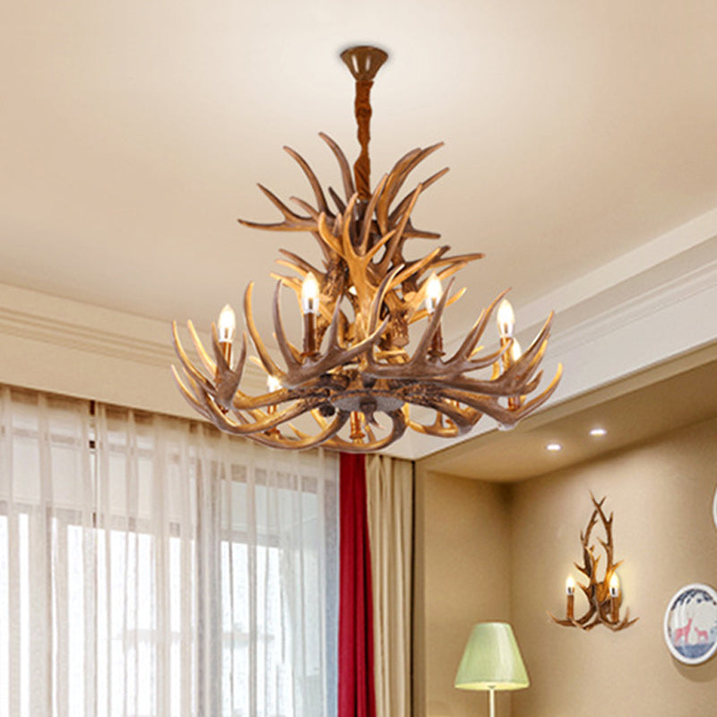 Rustic Deer Antler Chandelier Lamp 21.5"/25.5"/27.5" Wide 9/12 Heads Resin Ceiling Hanging Light in Brown for Living Room Clearhalo 'Ceiling Lights' 'Chandeliers' Lighting' options 295785