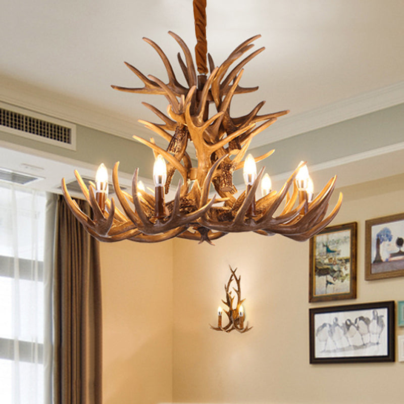 Rustic Deer Antler Chandelier Lamp 21.5"/25.5"/27.5" Wide 9/12 Heads Resin Ceiling Hanging Light in Brown for Living Room Clearhalo 'Ceiling Lights' 'Chandeliers' Lighting' options 295786