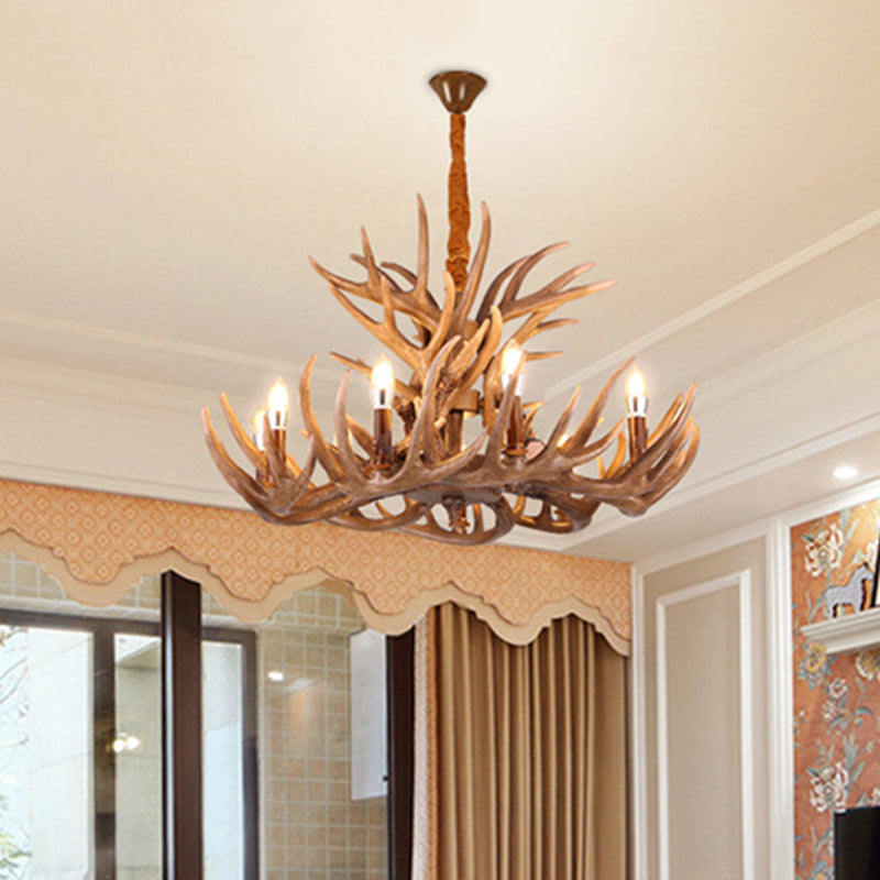 Rustic Deer Antler Chandelier Lamp 21.5"/25.5"/27.5" Wide 9/12 Heads Resin Ceiling Hanging Light in Brown for Living Room Brown 21.5" Clearhalo 'Ceiling Lights' 'Chandeliers' Lighting' options 295790_fc9c0363-1177-4159-8441-ce1dfe5845a0