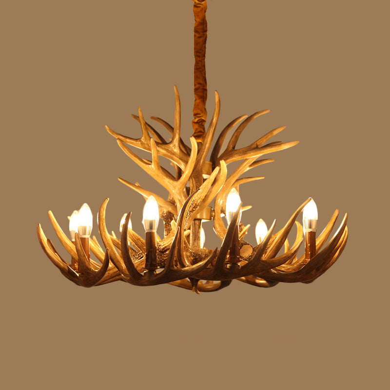 Rustic Deer Antler Chandelier Lamp 21.5"/25.5"/27.5" Wide 9/12 Heads Resin Ceiling Hanging Light in Brown for Living Room Clearhalo 'Ceiling Lights' 'Chandeliers' Lighting' options 295791