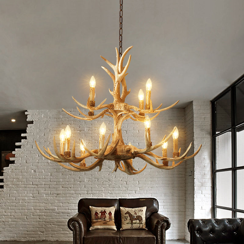12 Heads Chandelier Lighting Farmhouse 2-Tier Resin Hanging Ceiling Lamp in Brown for Living Room Brown Clearhalo 'Ceiling Lights' 'Chandeliers' Lighting' options 295796_7cddf39f-8902-423f-96f1-9923e6fe8ca9